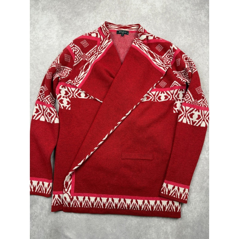 Etro Milano Red White Intarsia Open Front Knit Draped Cardigan Women IT 42/ US 6 - Picture 12 of 15